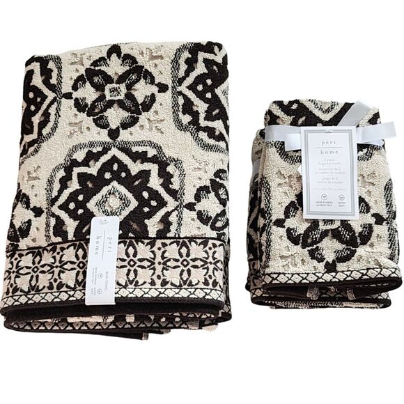 Peri Home Moroccan Tiles 6pc Cotton Towels Black Beige Set 2 Bath 2 Hand 2 Tip - Picture 9 of 16